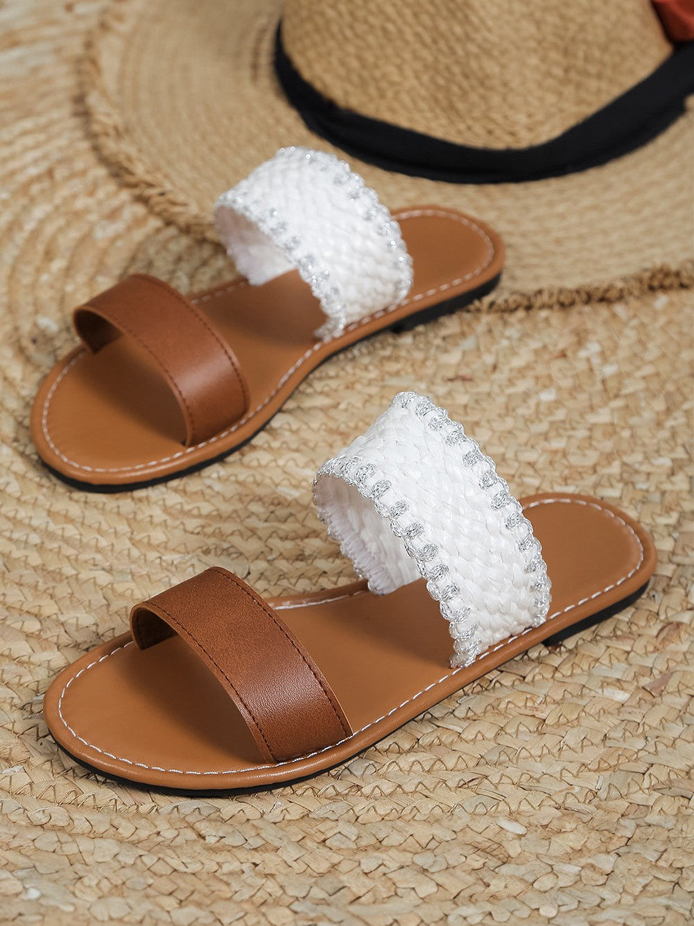 Chestnut Faux Leather Woven Strap Flat Slippers