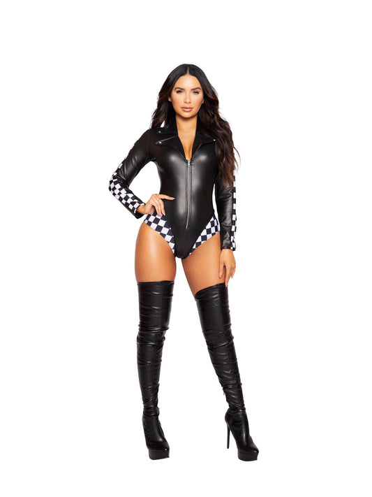 Biker Gal Long-Sleeved Costume with Checkers & Studs