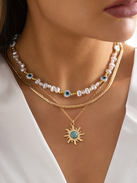 Gold Sun Turquoise Pearl Pendant Necklace