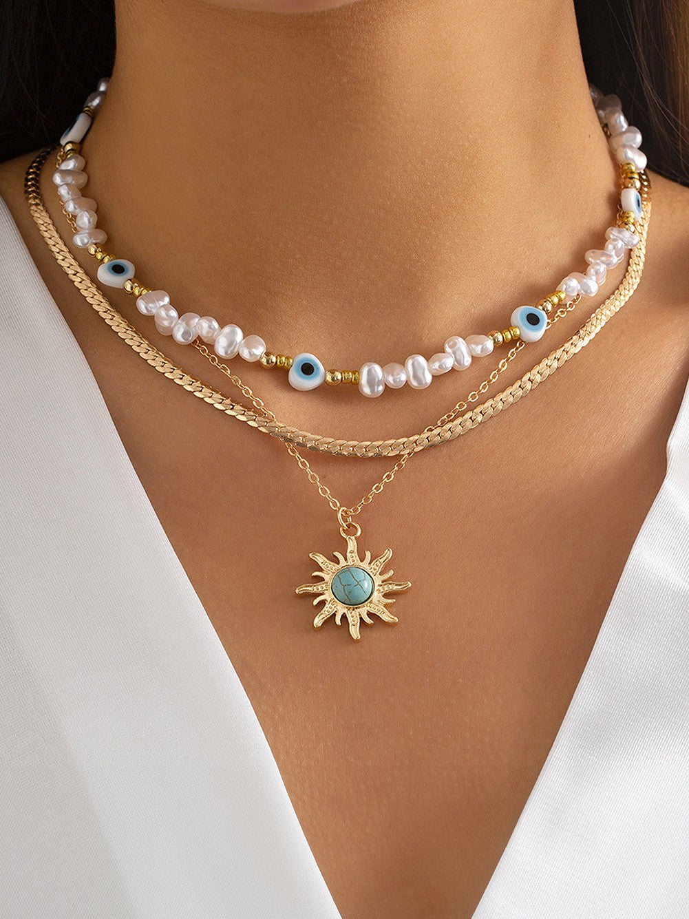 Gold Sun Turquoise Pearl Pendant Necklace