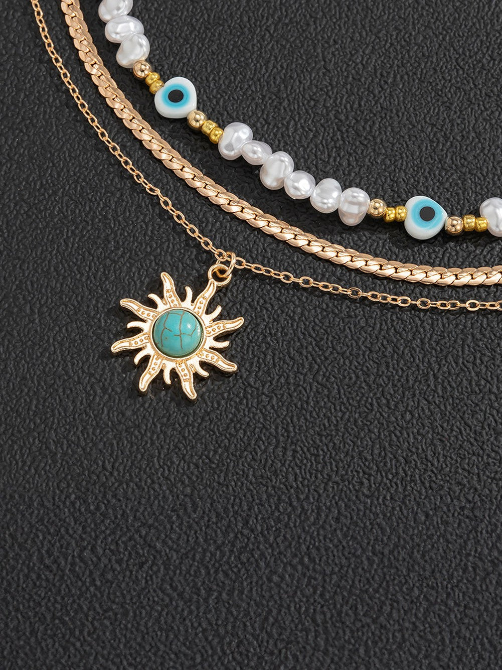 Gold Sun Turquoise Pearl Pendant Necklace