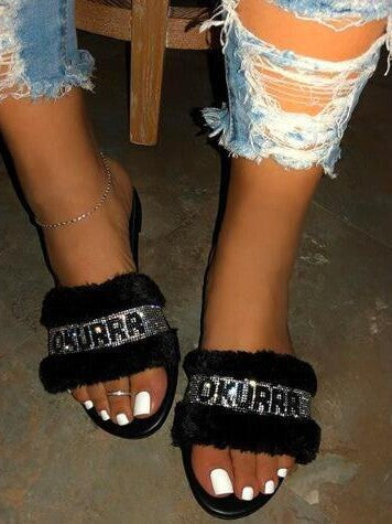 Black Faux Fur Slides