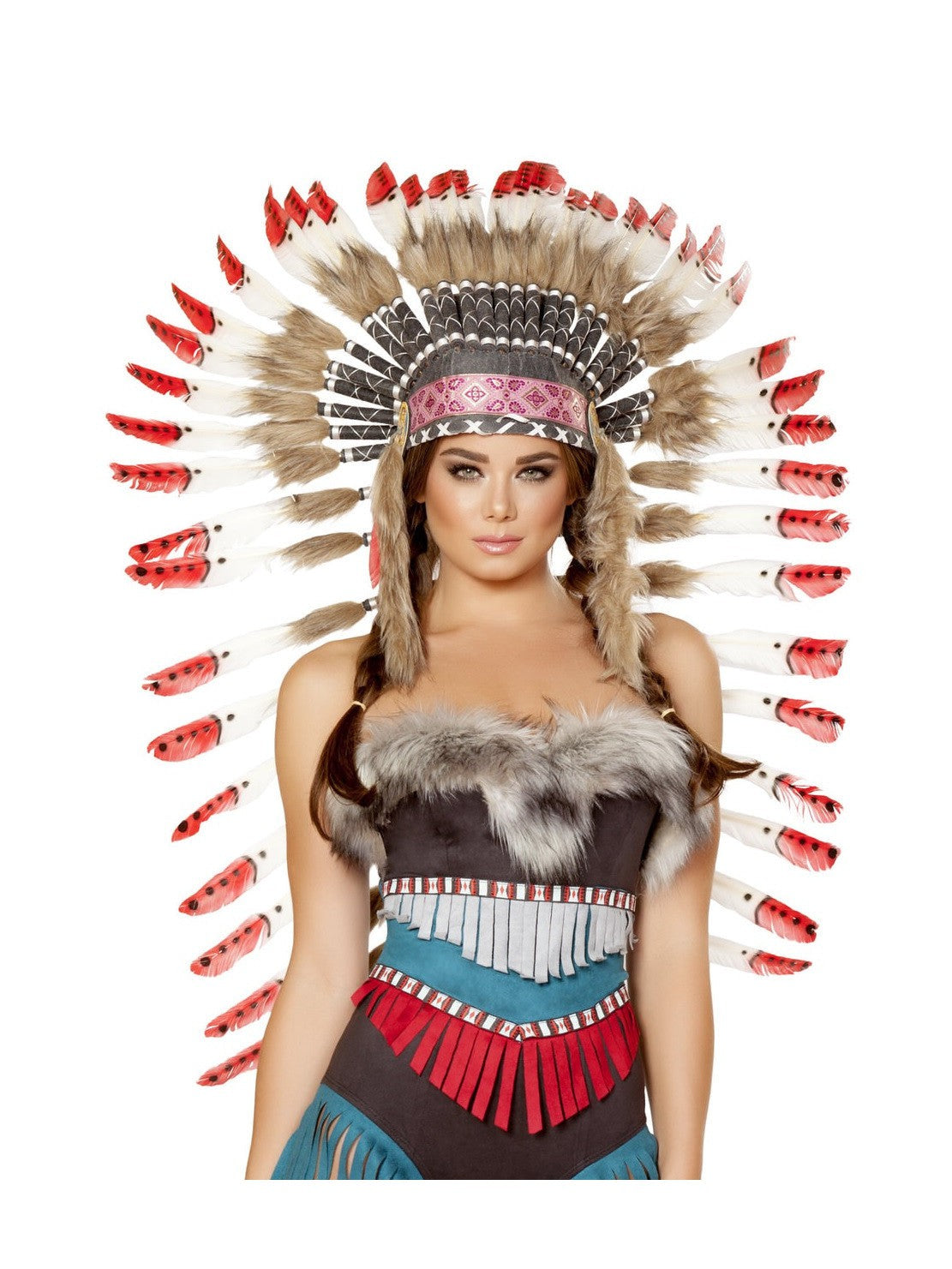 Vibrant Indian Headdress with Red Tips Costume