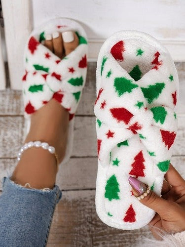 Christmas Tree Pattern Furry Bedroom Slippers