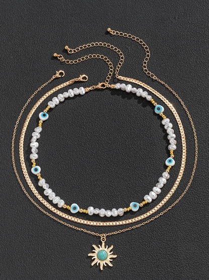 Gold Sun Turquoise Pearl Pendant Necklace