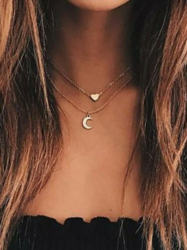 Moon and Heart Two Layer Necklace