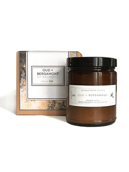 Oud + Bergamot Scented Soy Wax Candle