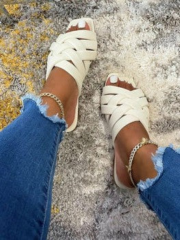 Leather Flat Beach Slides