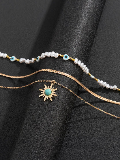 Gold Sun Turquoise Pearl Pendant Necklace