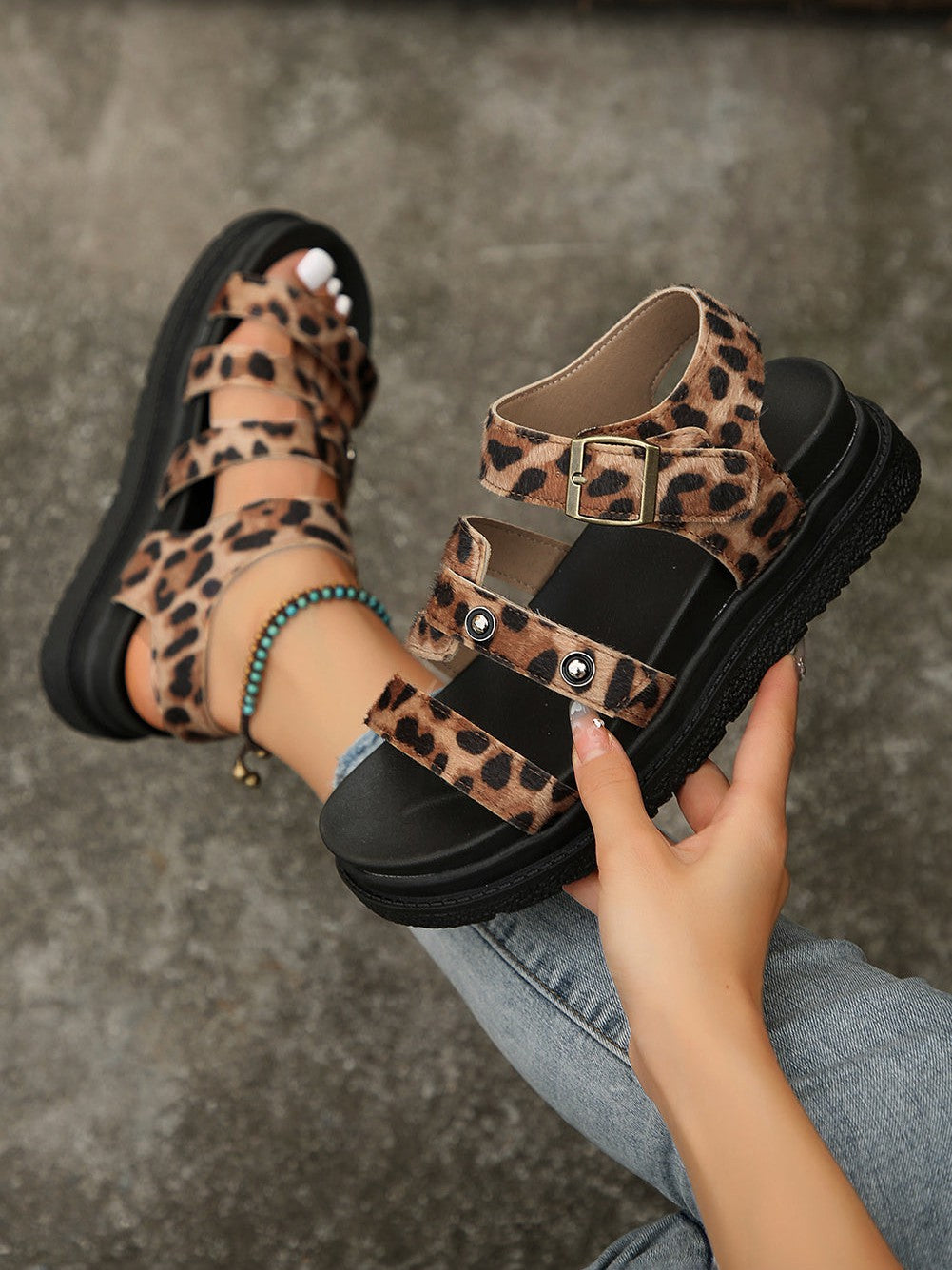 Chestnut Leopard Print Hollow Out Wedge Sandals