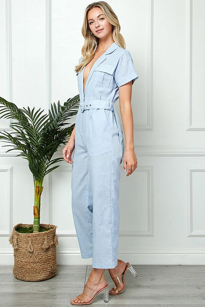 Woven Stripped Deep-V Neck Jumpsuit