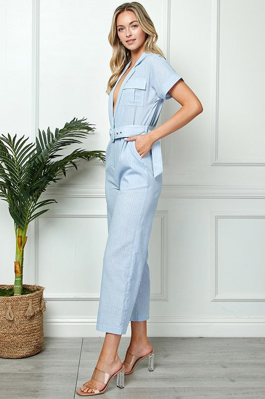 Woven Stripped Deep-V Neck Jumpsuit