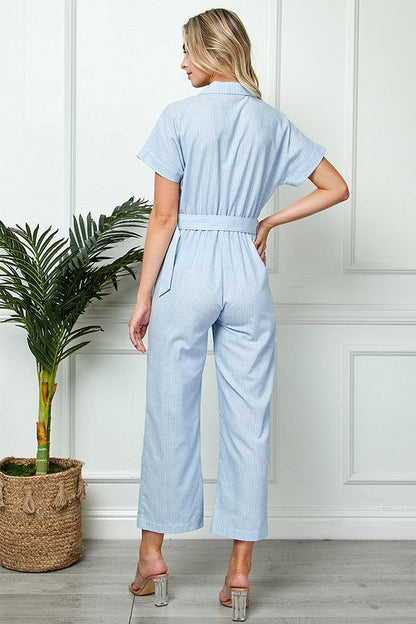 Woven Stripped Deep-V Neck Jumpsuit