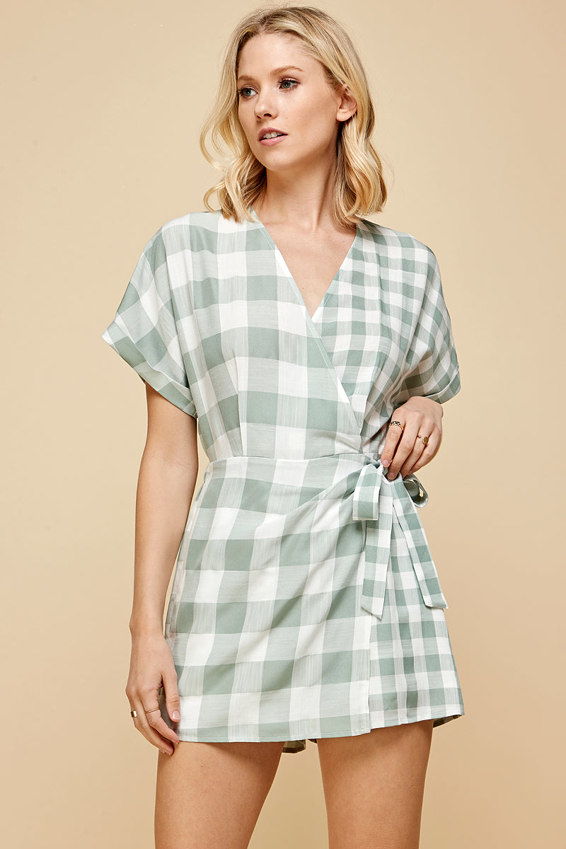 Wrapped Band Tie Plaid Romper