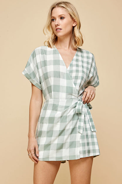 Wrapped Band Tie Plaid Romper