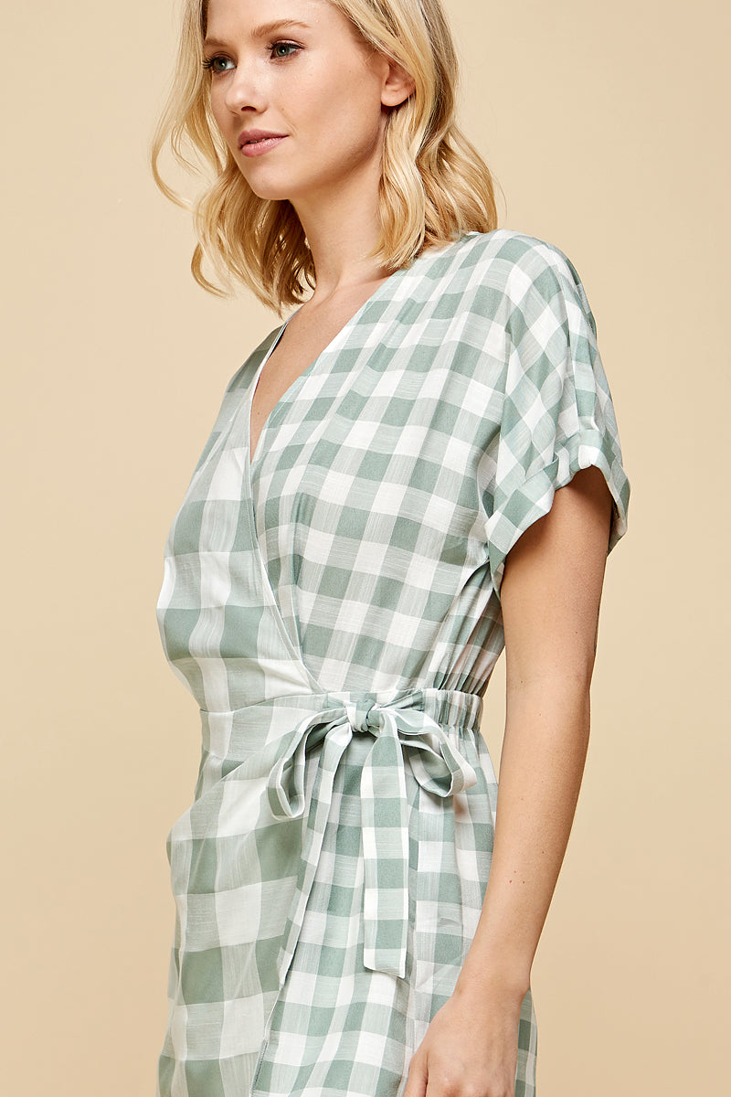 Wrapped Band Tie Plaid Romper