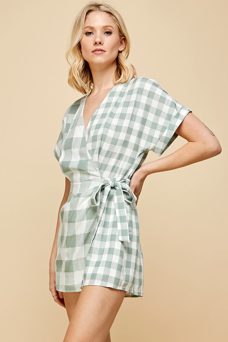 Wrapped Band Tie Plaid Romper