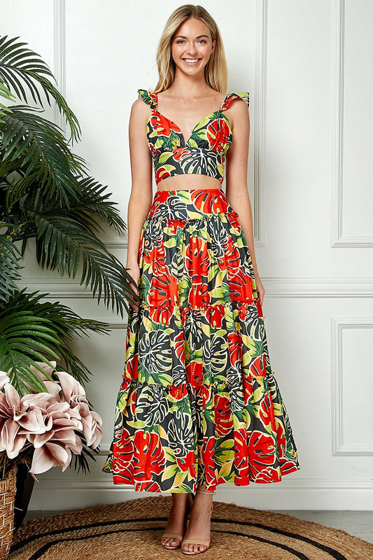 Tropical Palm Pattern Crop Top & Long Skirt