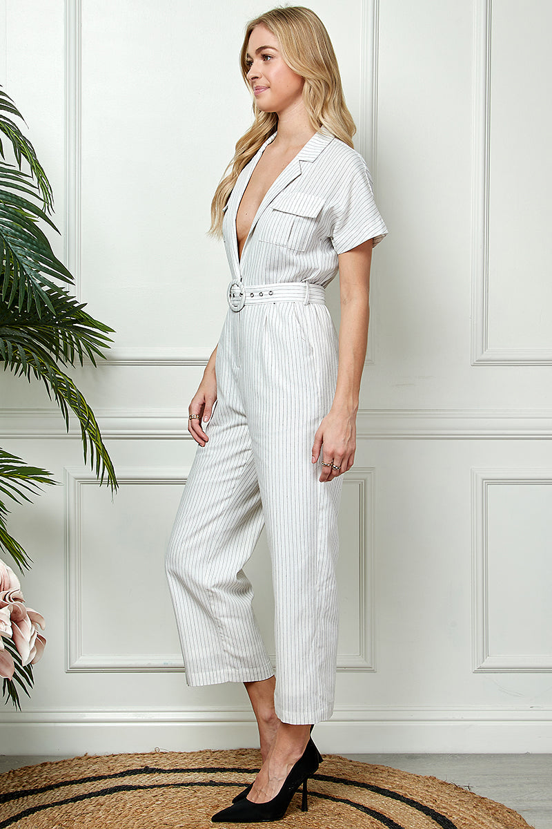 Woven Stripped Deep-V Neck Jumpsuit