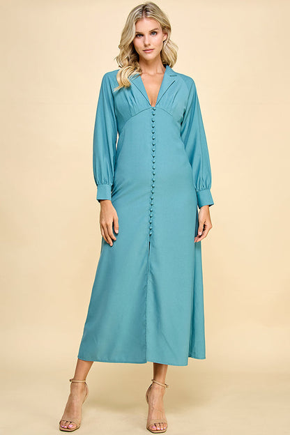 Solid Button Detail Oval Sleeve Maxi Dress