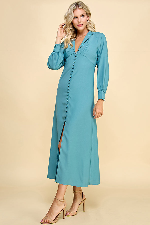 Solid Button Detail Oval Sleeve Maxi Dress