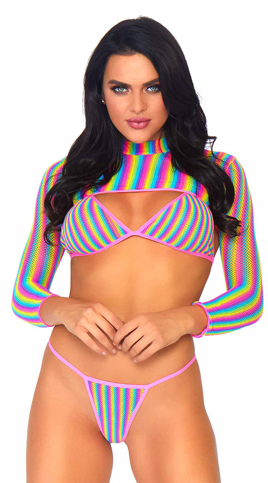 Conjunto de bikini de rejilla arcoíris de 3 piezas