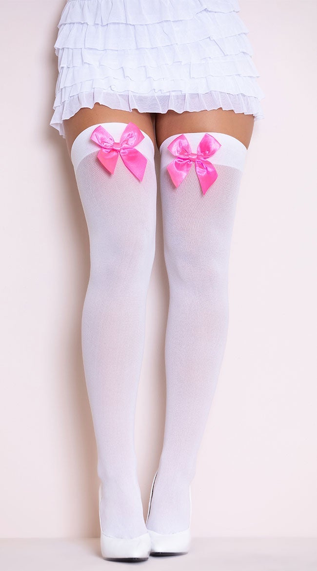 Opaque Thigh Highs with Satin Bow