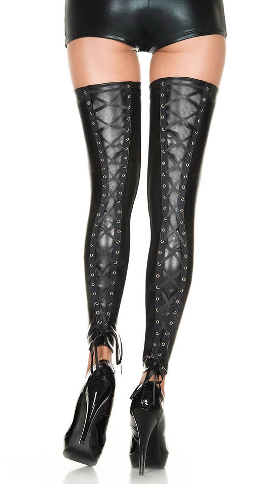 Footless Wet Look Lace-Up Thigh Highs