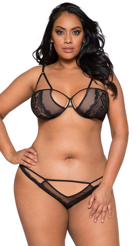 Conjunto de sutiã com tiras de malha transparente plus size